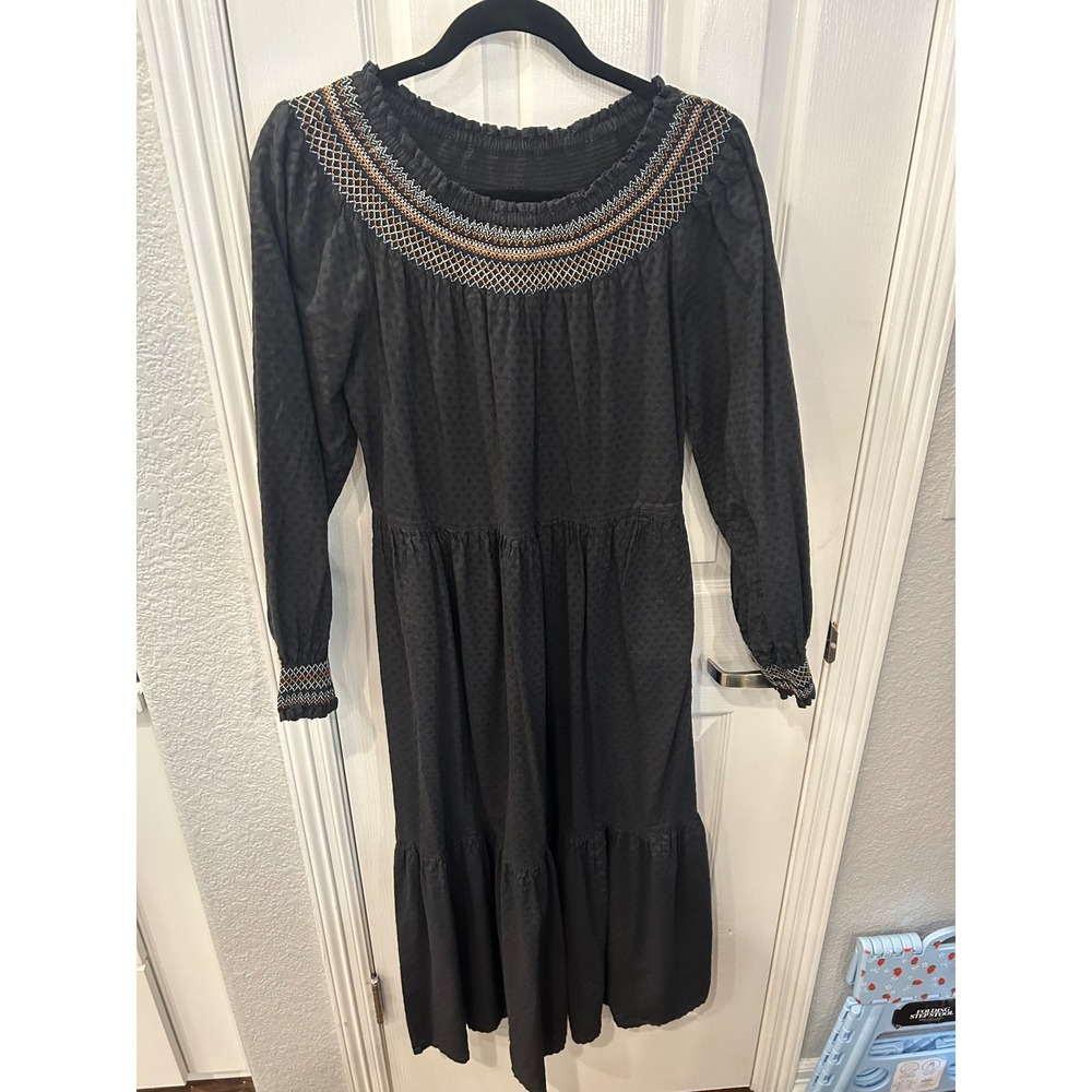 Universal Thread Midi Dress Black Smocked Embroidered Swiss Dot Boho Tiered S‎